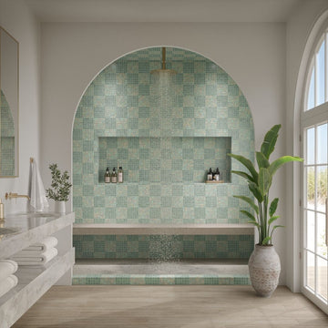 Modern bathroom with green mosaic tile wall and large window