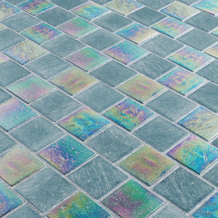Iridescent glass mosaic tiles arranged in a diamond pattern