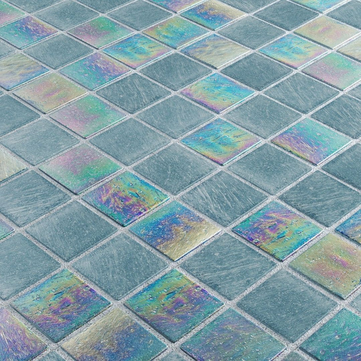Iridescent glass mosaic tiles arranged in a diamond pattern