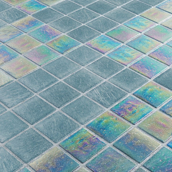 Iridescent glass mosaic tiles arranged in a diamond pattern