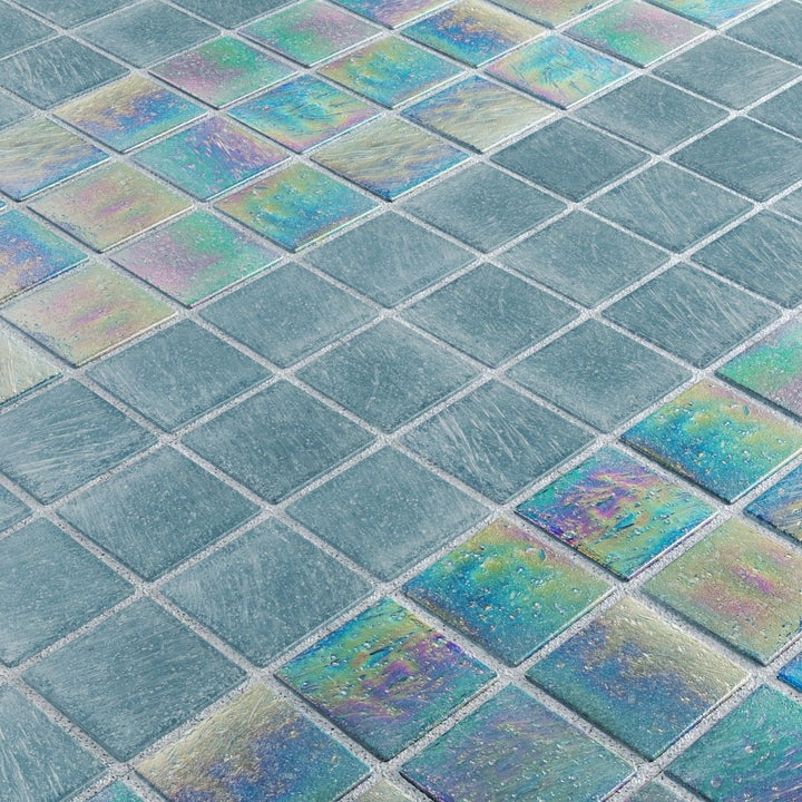 Iridescent glass mosaic tiles arranged in a diamond pattern