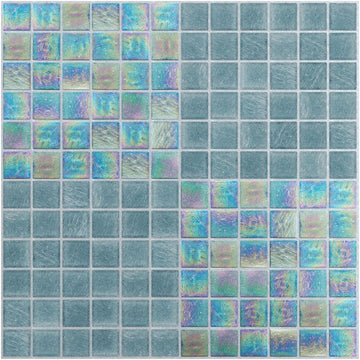 Iridescent glass mosaic tiles in a grid pattern