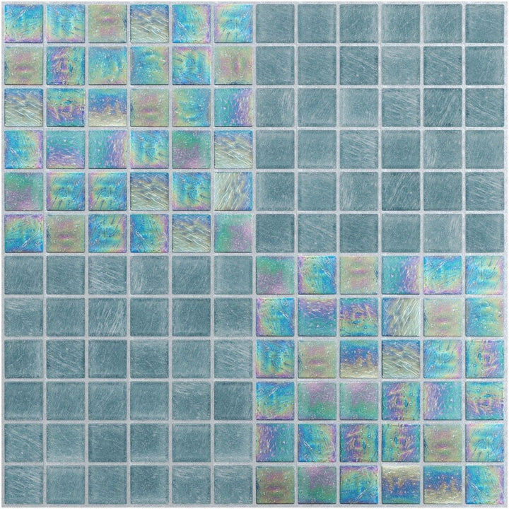 Iridescent glass mosaic tiles in a grid pattern