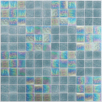 Iridescent glass mosaic tiles in a grid pattern