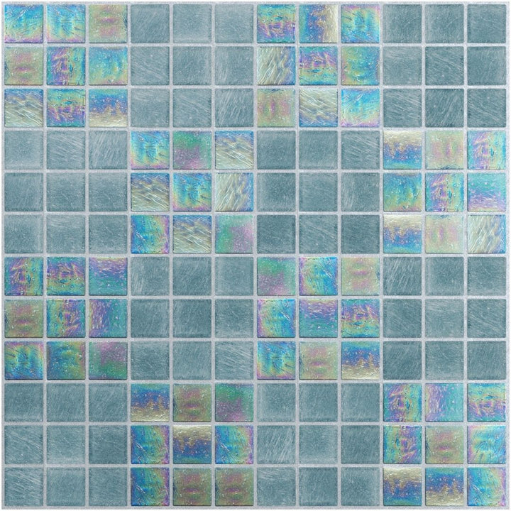 Iridescent glass mosaic tiles in a grid pattern