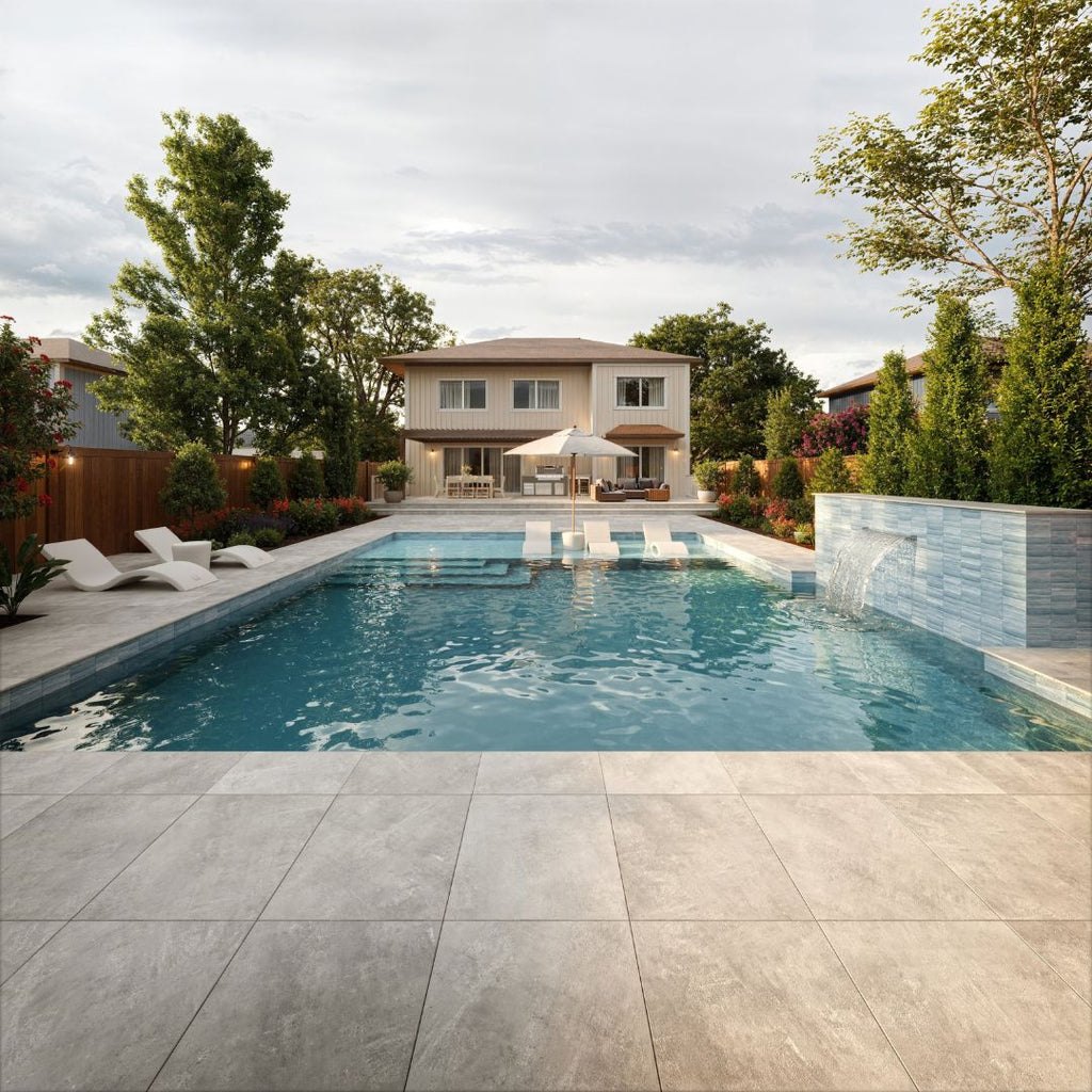 Marrakech Light Blue 2" x 8" - Porcelain Tile with loungers and umbrella