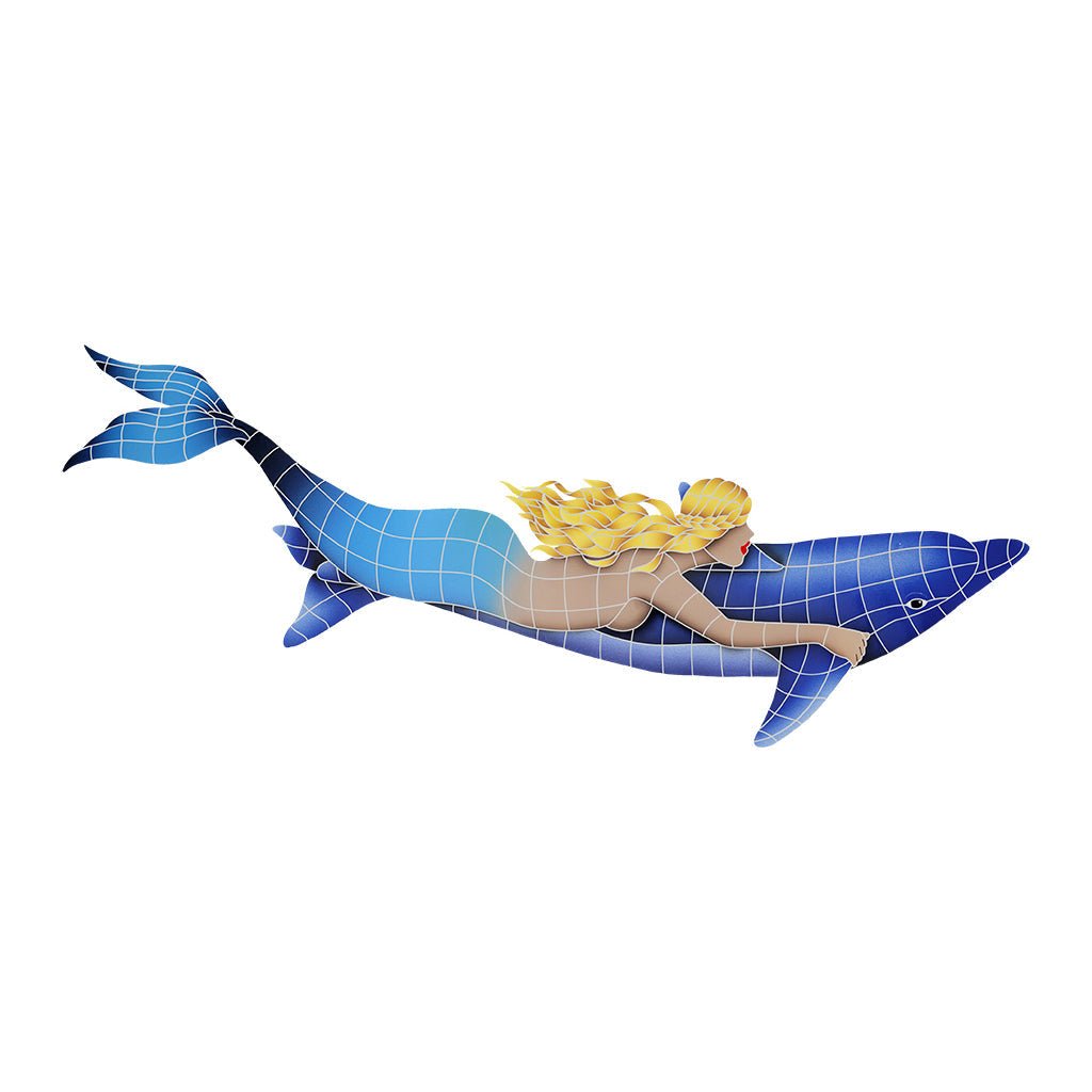 A swimming pool mosaic tile design featuring a mermaid riding a dolphin, predominantly in shades of blue and with a mesh backing.