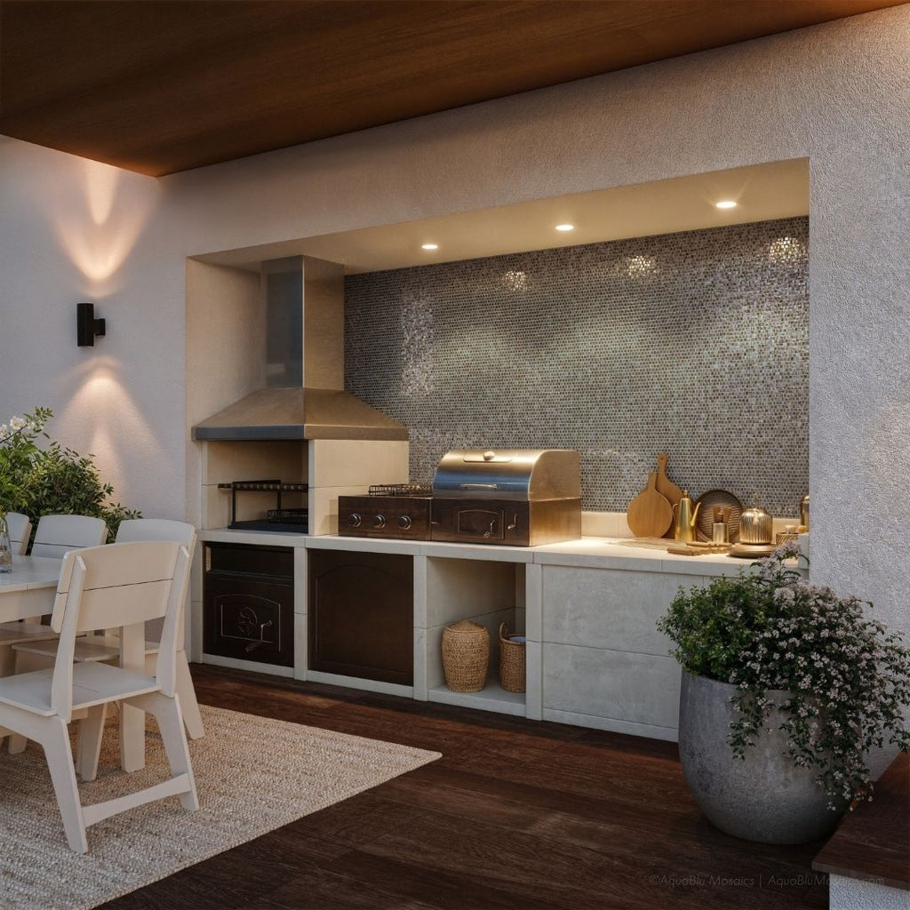 Foxtrot Iridescent, 5/8" x 5/8" Glass Mosaic Tile with outdoor grill, oven, table and chairs, plants and cutting boards