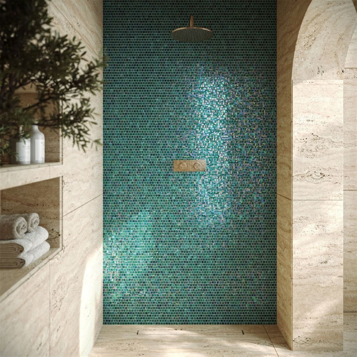 Kombu, 5/8" x 5/8" Glass Mosaic Tile with a shower head, plant, towels and soaps