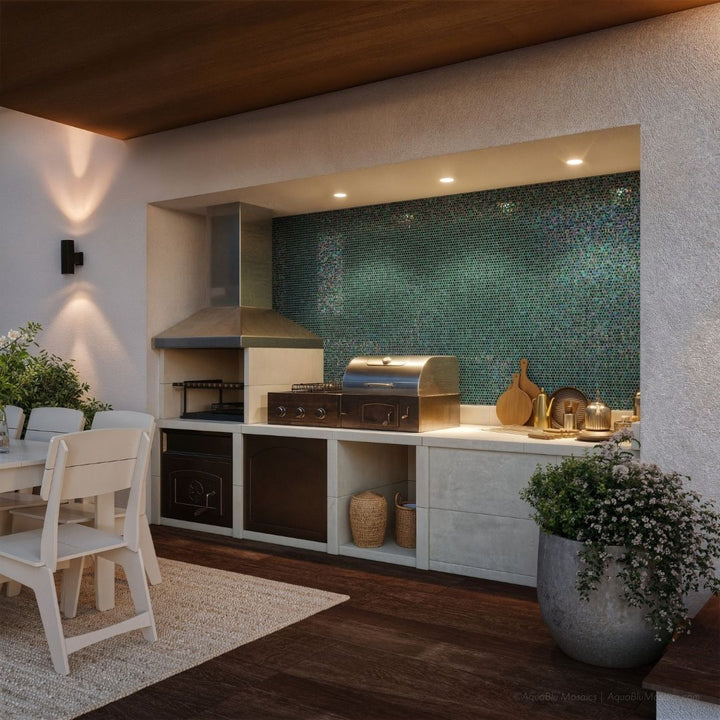 Kombu, 5/8" x 5/8" Glass Mosaic Tile with outdoor grill, oven, table and chairs, plants and cutting boards