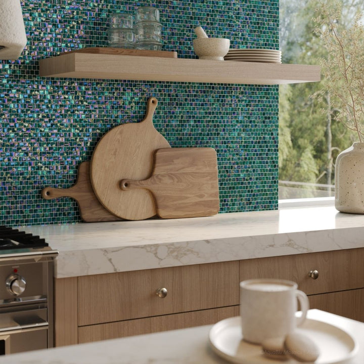 Kombu, 5/8" x 5/8" Glass Mosaic Tile with a stove, cutting boards, plates and cups