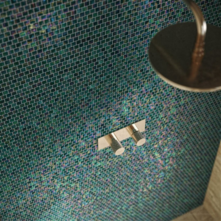 Kombu, 5/8" x 5/8" Glass Mosaic Tile with a shower head
