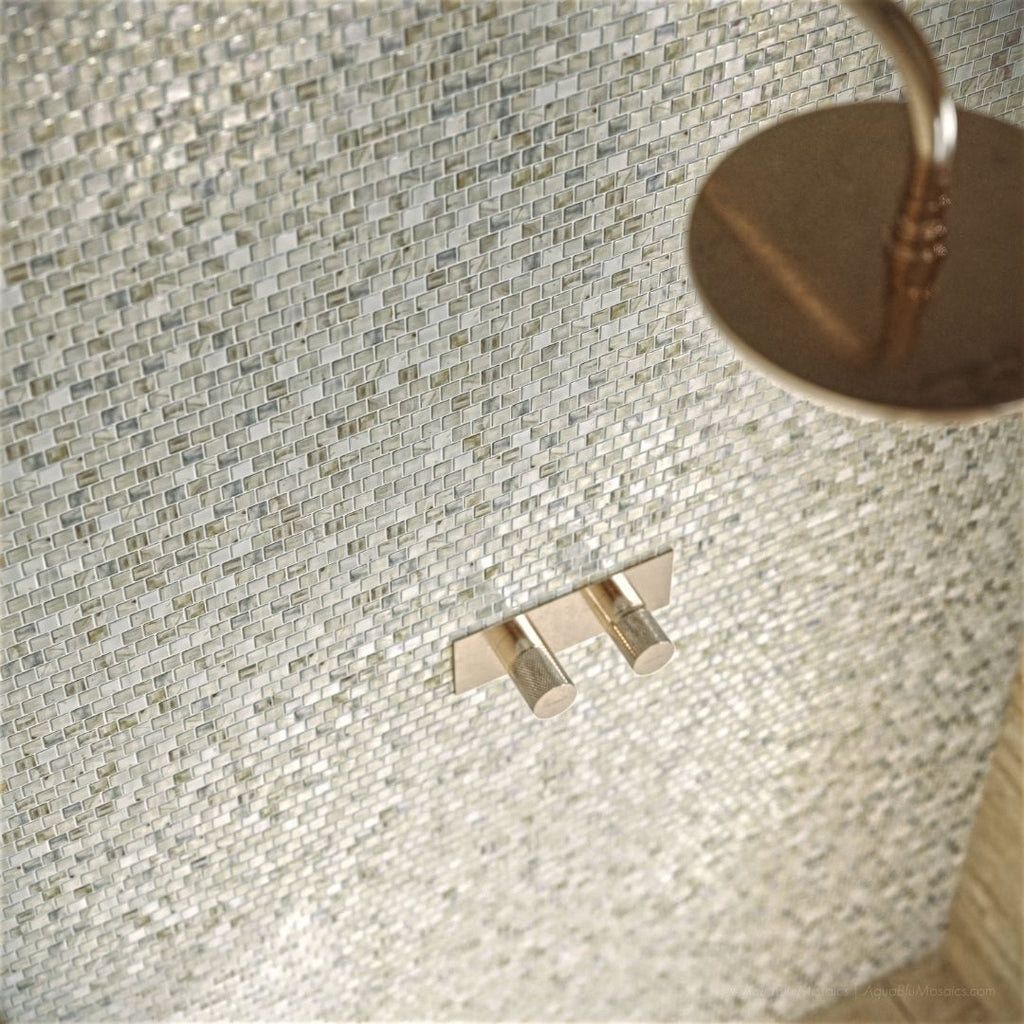 Nautilus, 5/8" x 5/8" Glass Mosaic Tile | Murrine Mosaics with a shower head