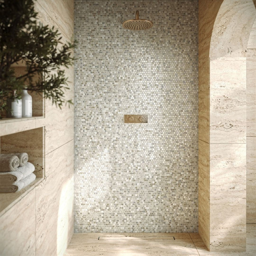 Nautilus, 5/8" x 5/8" Glass Mosaic Tile with a shower head, plant, towels and soaps