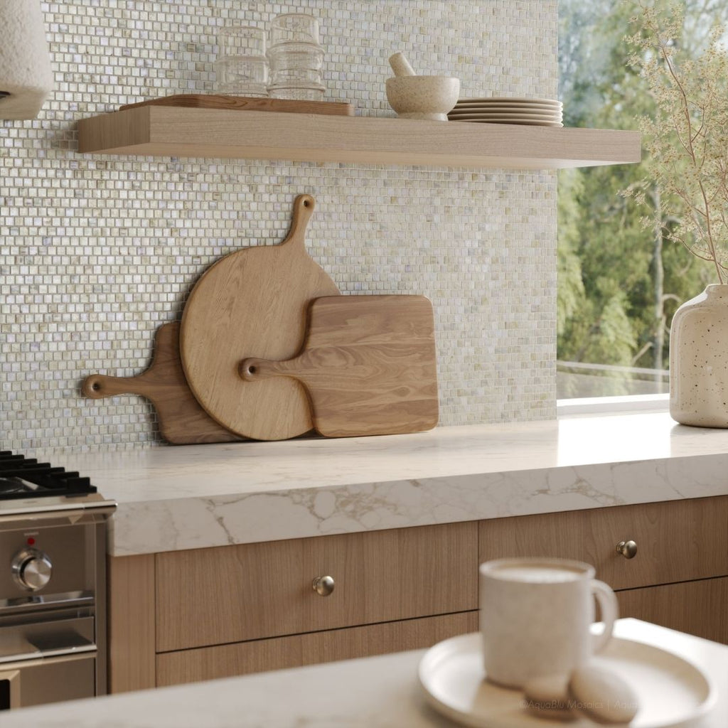 Nautilus, 5/8" x 5/8" Glass Mosaic Tile with a stove, cutting boards, plates and cups