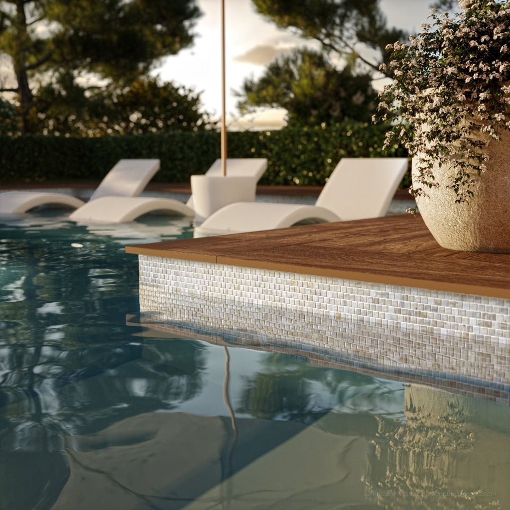 Nautilus, 5/8" x 5/8" Glass Mosaic Tile with in pool chairs plant and umbrella