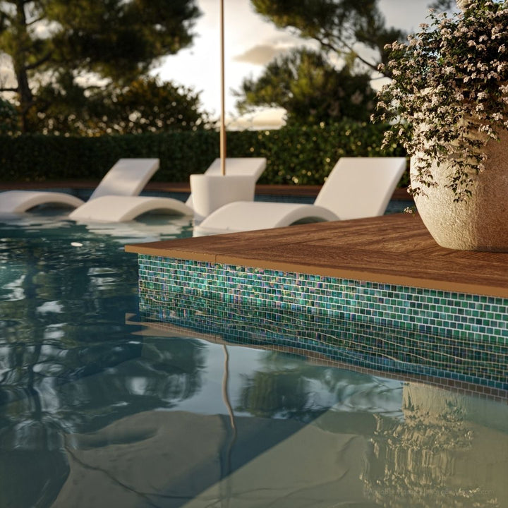 Kombu, 5/8" x 5/8" Glass Mosaic Tile | Murrine Mosaics with in pool chairs, umbrella and plant