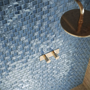 Morning Sky Mixed, 1-1/2" x 1-1/2" Glass Pool Tile | Murrine Mosaics with showerhead