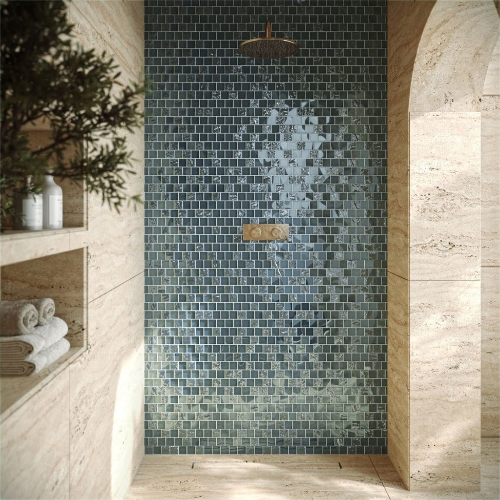 Pastoral Mixed, 1-1/2" x 1-1/2" Glass Pool Tile | Murrine Mosaics with showerhead, plants, soap and towels