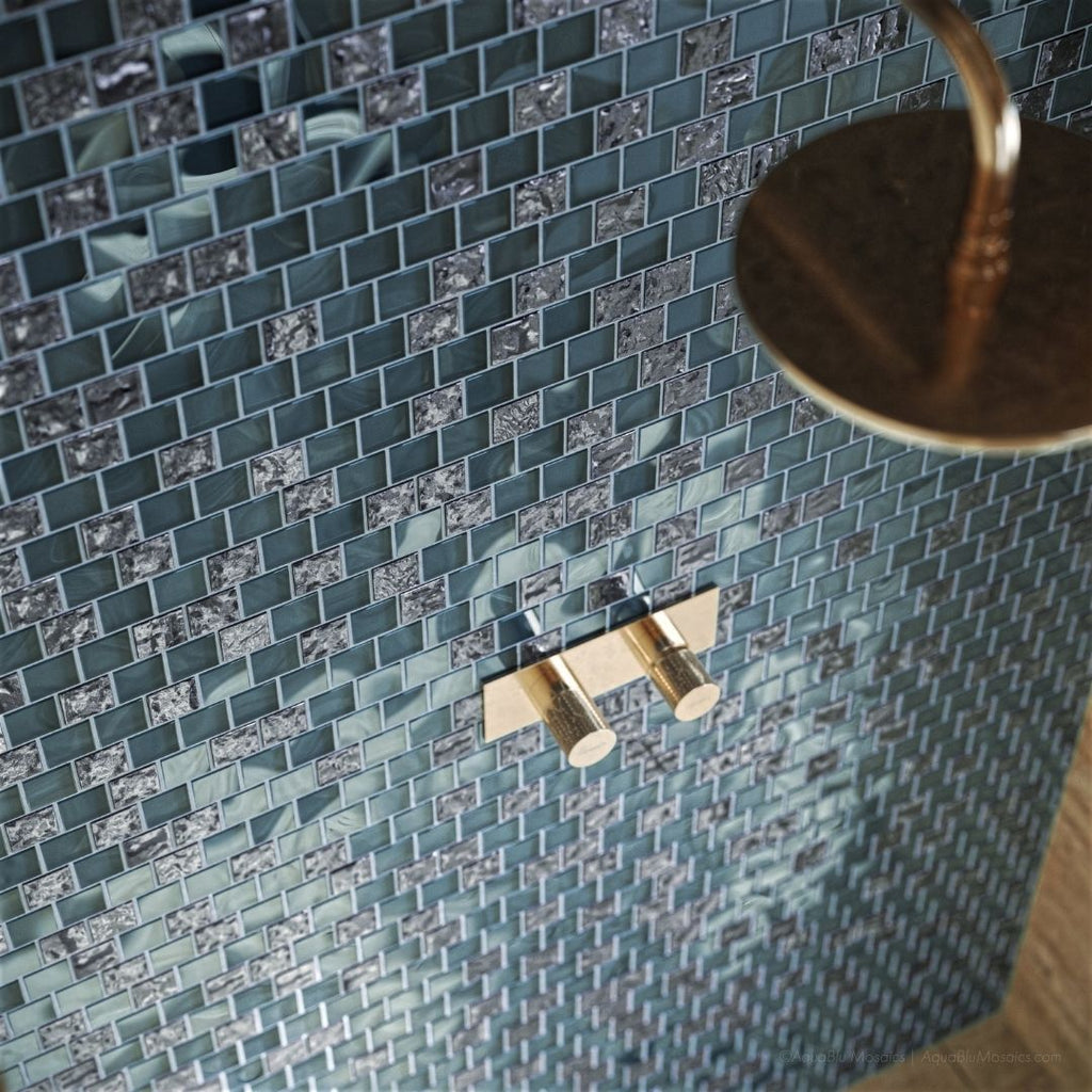 Pastoral Mixed, 1-1/2" x 1-1/2" Glass Pool Tile | Murrine Mosaics wtih showerhead