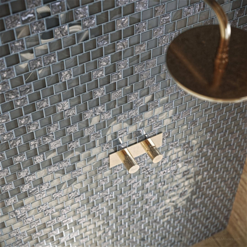 Spruce Mixed, 1-1/2" x 1-1/2" Glass Pool Tile | Murrine Mosaics with showerhead