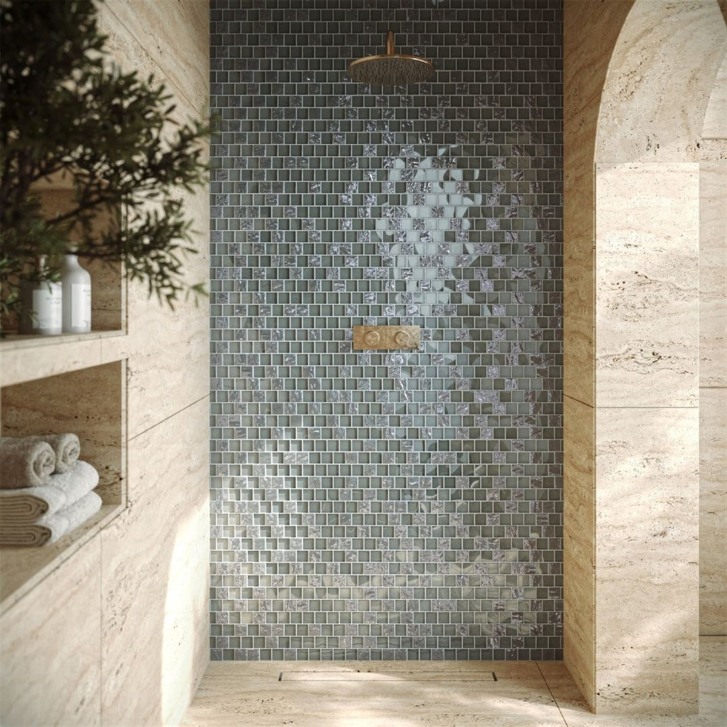 Spruce Mixed, 1-1/2" x 1-1/2" Glass Pool Tile | Murrine Mosaics with showerhead, plants, soap and towels
