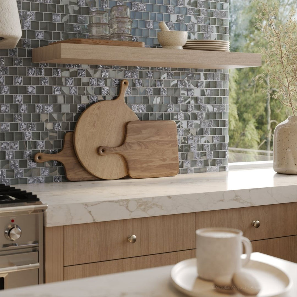 Spruce Mixed, 1-1/2" x 1-1/2" Glass Pool Tile | Murrine Mosaics with stove, plates, cup, cutting boards, and bowls