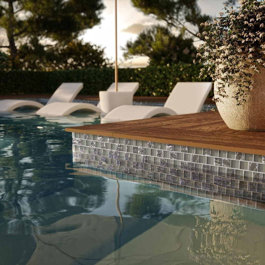 Spruce Mixed, 1-1/2" x 1-1/2" Glass Pool Tile | Murrine Mosaics with plant, in pool chairs and umbrella