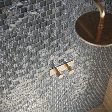 Spruce Mixed, 1-1/2" x 1-1/2" Glass Pool Tile | Murrine Mosaics with showerhead