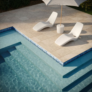 Neptune Blocks, Mixed Glass Tile with forma loungers and umbrella 