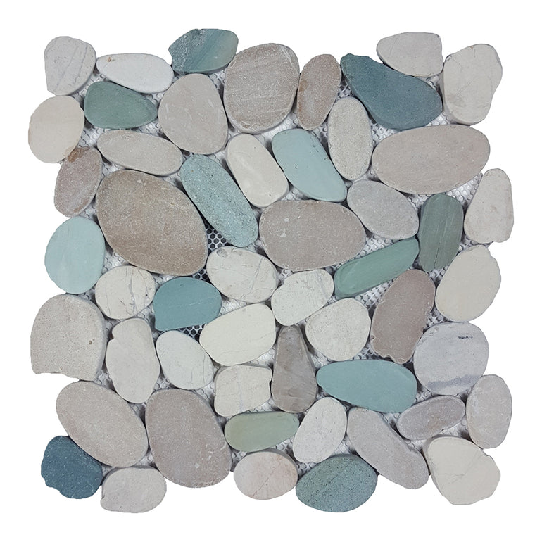 White Green Tan, Pebble Tile | Natural Stone Mosaic Tile by Tesoro