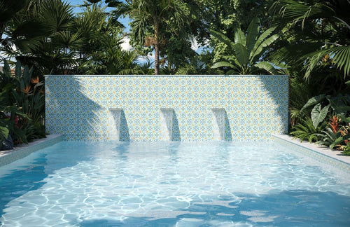 Patterned tile on pool waterline