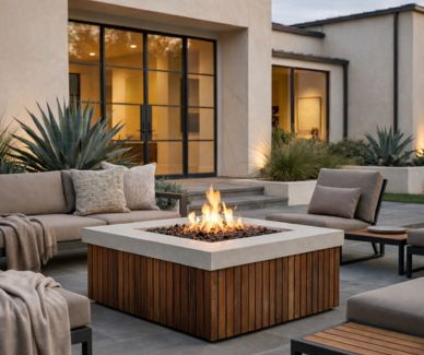 A modern outdoor patio scene with a square fire pit table in the center, surrounded by beige lounge chairs and a sectional sofa. The fire pit has a wood-look slatted base and a light stone top, with visible flames burning inside.