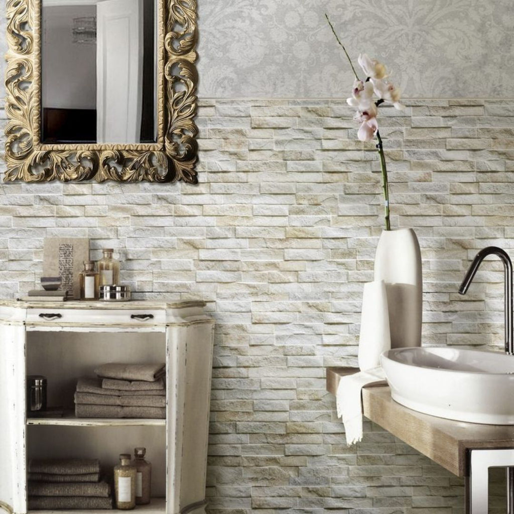 Rock Cream 3" x 15" Ledgerstone Tile with sink, mirror and flower