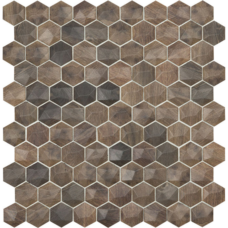 Royal Dark Wood Mix 3D, Hexagon Glass Tile | Mosaic Tile by Vidrepur 