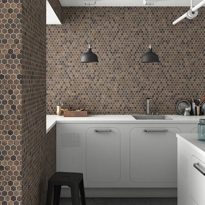 Royal Dark Wood Mix Slip Resistant, Hexagon Glass Tile | Vidrepur 