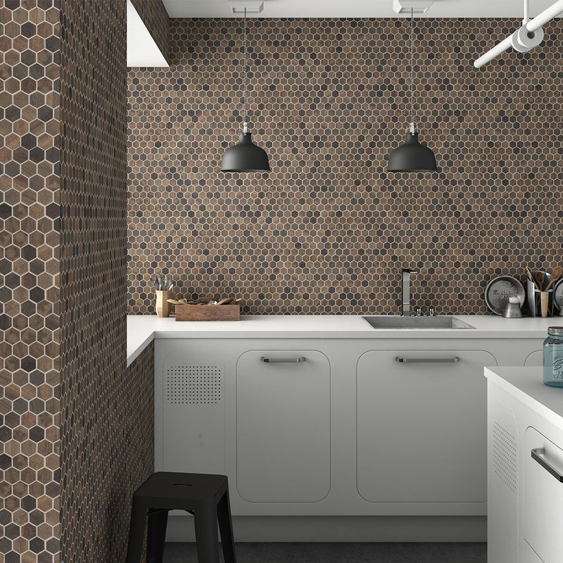 Royal Dark Wood Mix Slip Resistant, Hexagon Glass Tile | Vidrepur 