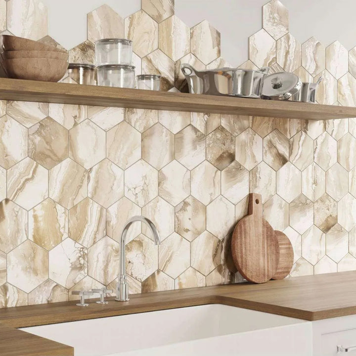 Selleny Beige, Hexagon Porcelain Tile | Kitchen, Spa, and Pool Tile