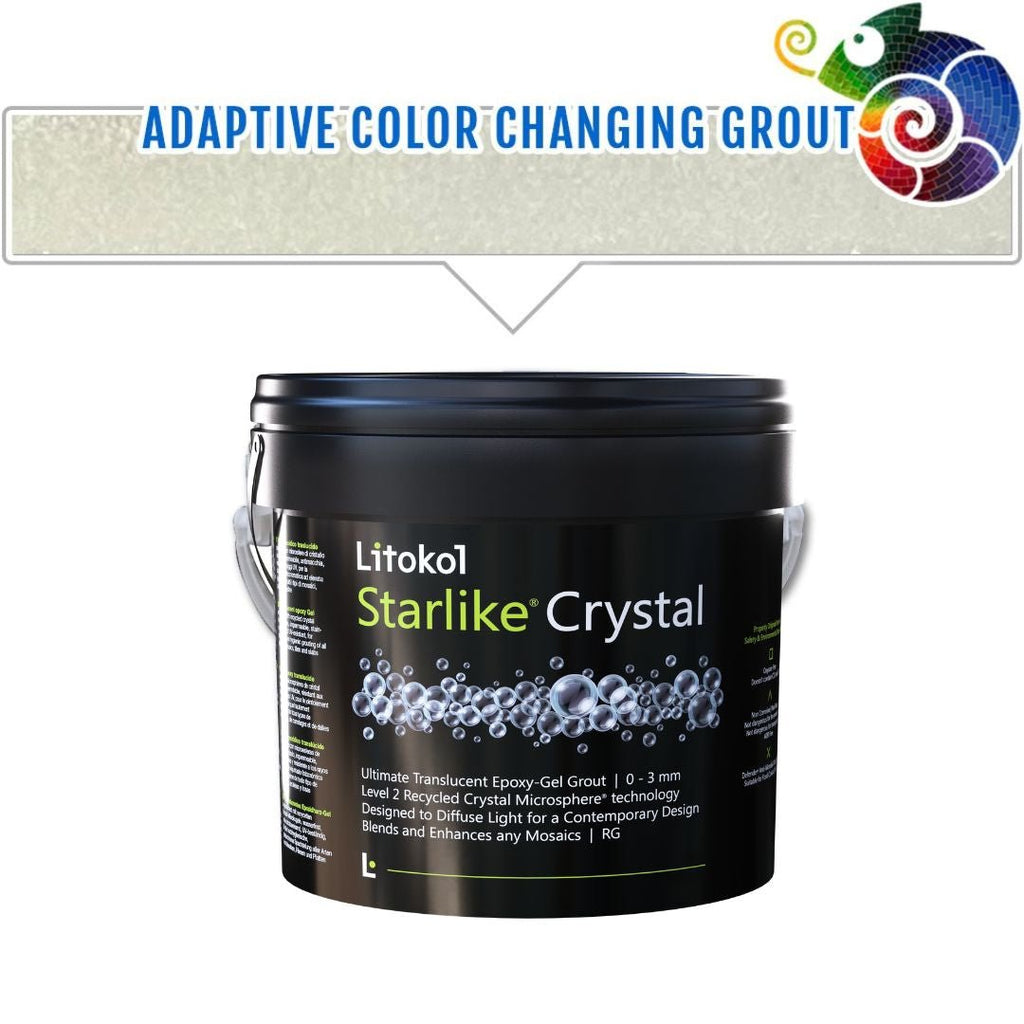 Litokol Starlike Crystal grout container with color-changing effect on a white background