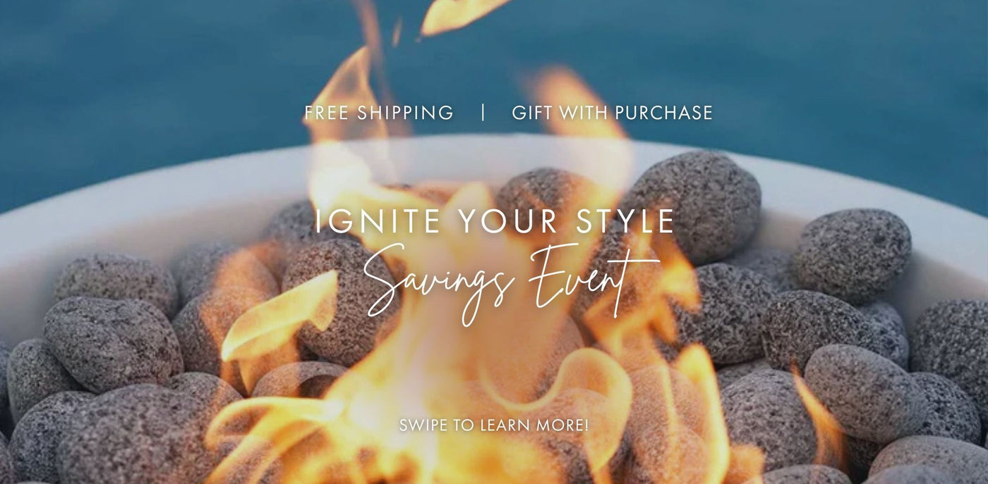 Fire pit with flames and promotional text overlay on a blurred background