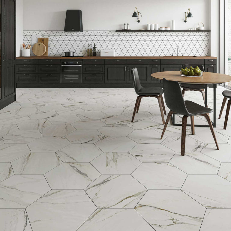 Thassos Gold Satin, Hexagon Porcelain Tile | Tesoro Floor & Wall Tile