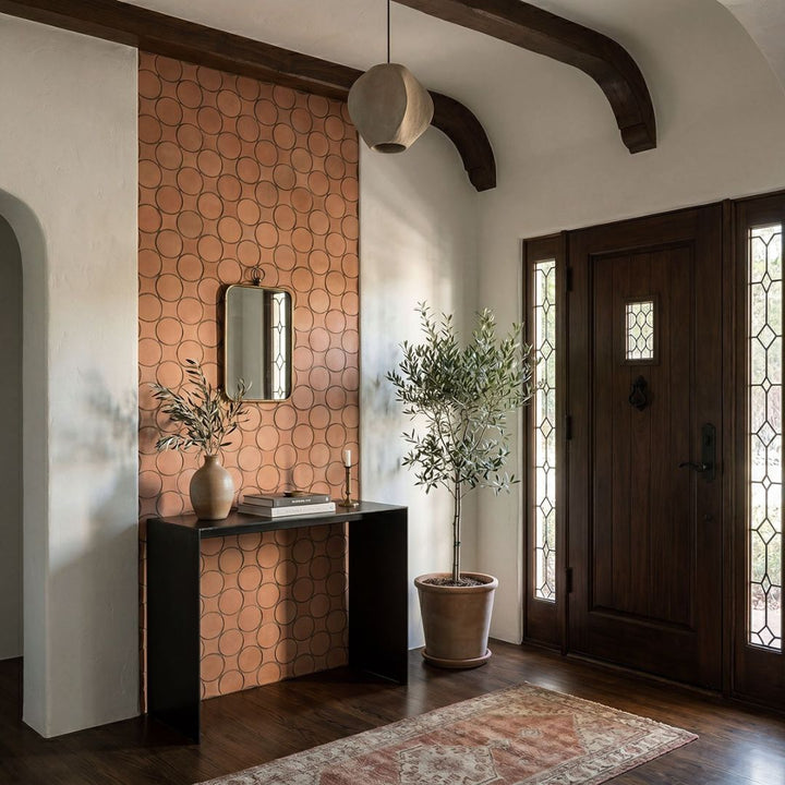 Terracotta Halo Matte Porcelain Mosaic Tile with  front door, pant, light, and small mirror