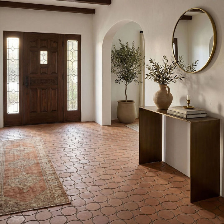 Terracotta Halo Matte Porcelain Mosaic Tile with a rug, two plants, a front door, table and round mirror