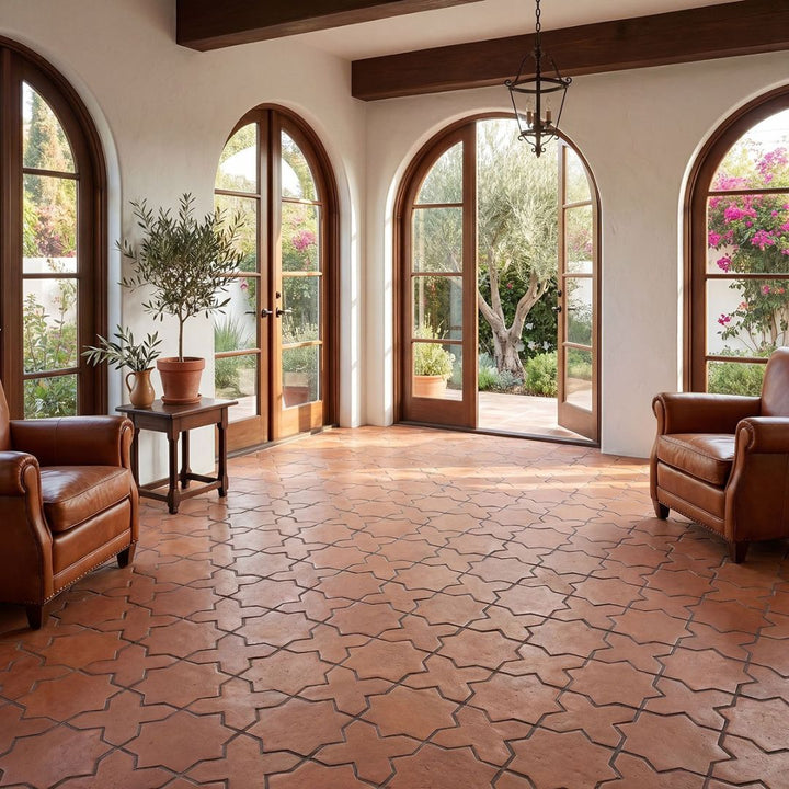 Terracotta Star and Cross Porcelain Mosaic Tile with multiple doors, chairs and a small table with plants