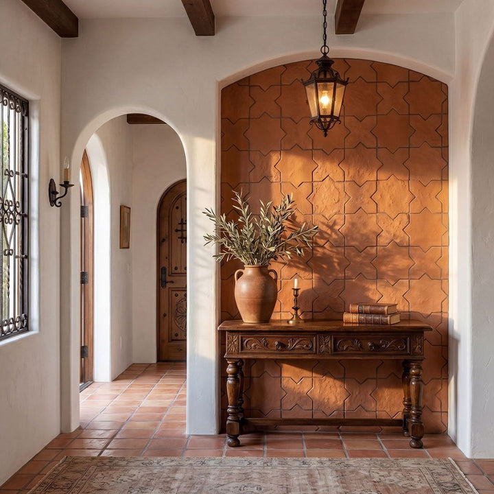 Terracotta Star and Cross Porcelain Mosaic Tile with a table, plant, books, and lantern