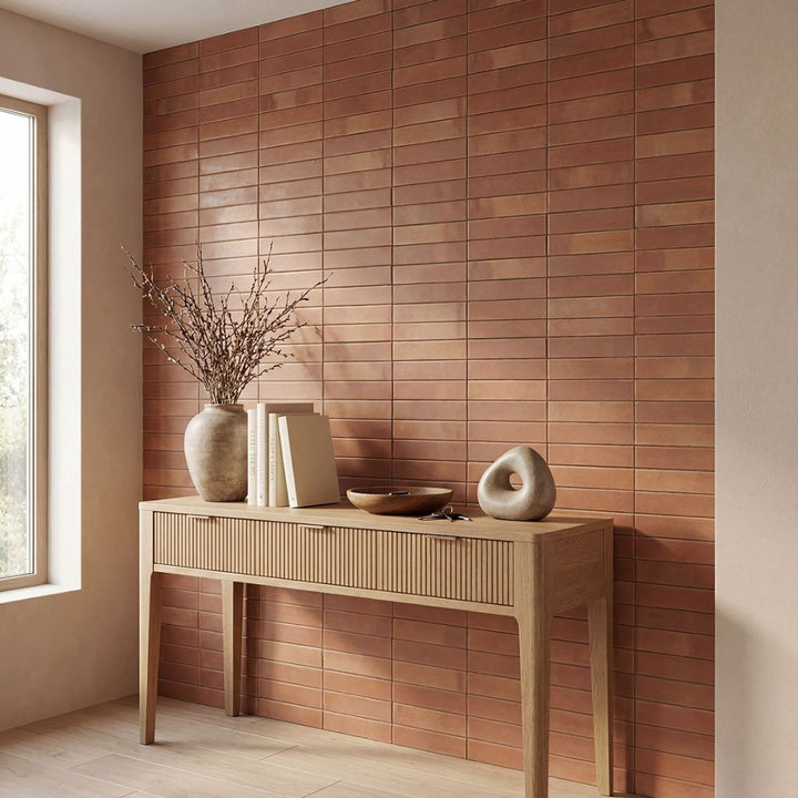 Terracotta Subway Stack Porcelain Tile with a table, plant, bowl, and window