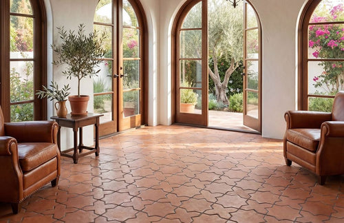 Terracotta Star and Cross Porcelain Mosaic Tile with multiple doors, chairs and a small table with plants