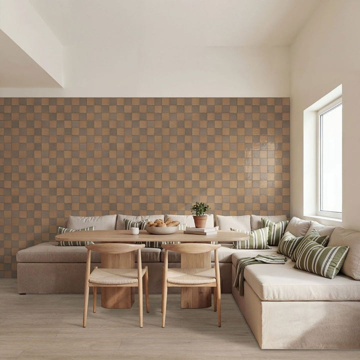Terranello Cotto 4" x 4" Glossy Ceramic Backsplash Tile with a table, chairs and couch.