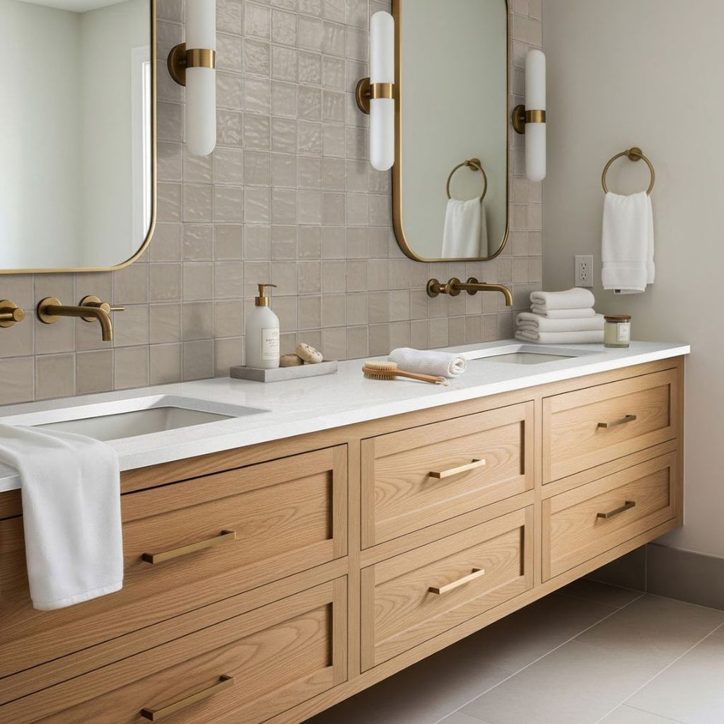 Terranello Dune 4" x 4" Glossy Bathroom Backsplash Tile with sinks, towels, soap and mirrors.