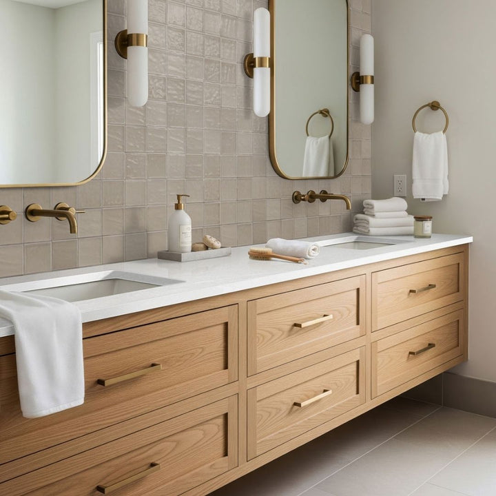 Terranello Dune 4" x 4" Glossy Bathroom Backsplash Tile with sinks, towels, soap and mirrors.